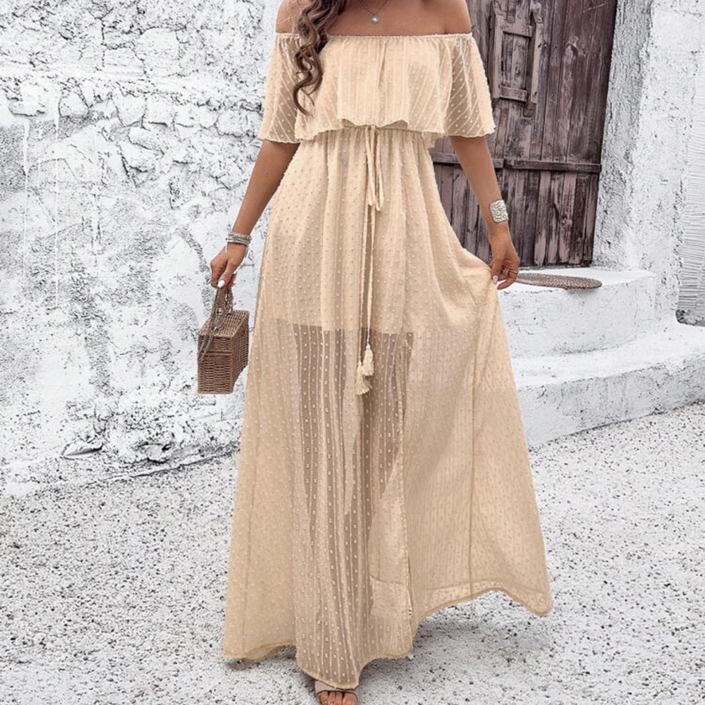 SHEIN Off-Shoulder Cream Maxi Dress